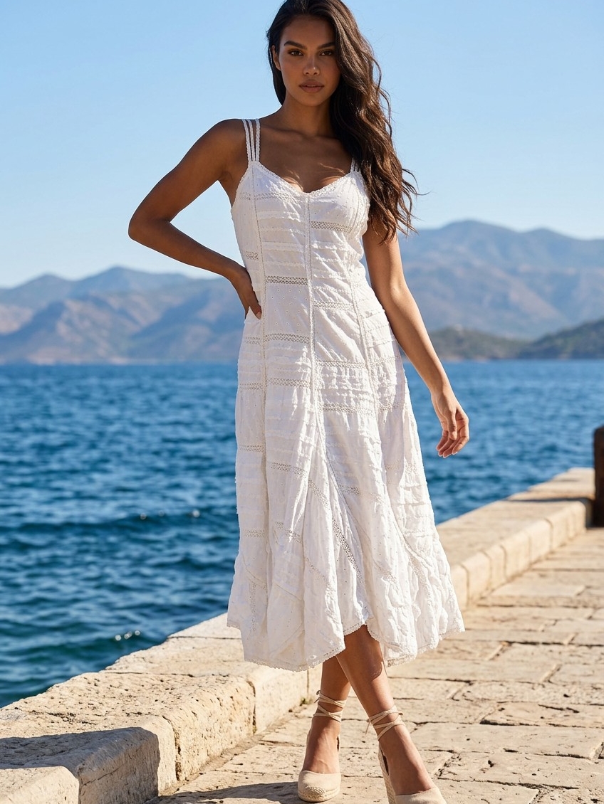 Women's White Lace Midi With Brown Stitch Detail